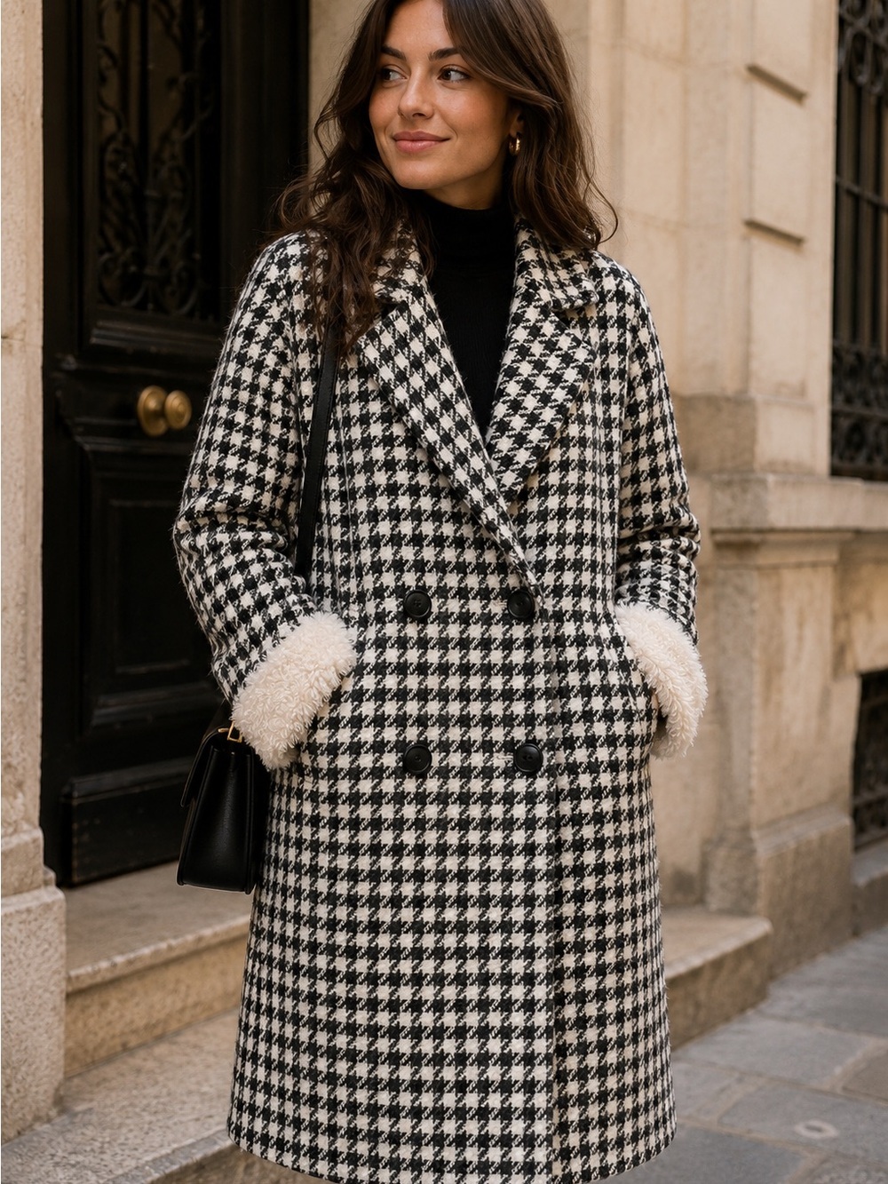 Molly Bracken Black & White Houndstooth Double-Breasted Pea Coat w fuzzy cuff240